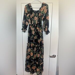 Black Floral Maxi Dress with Peach Blooms